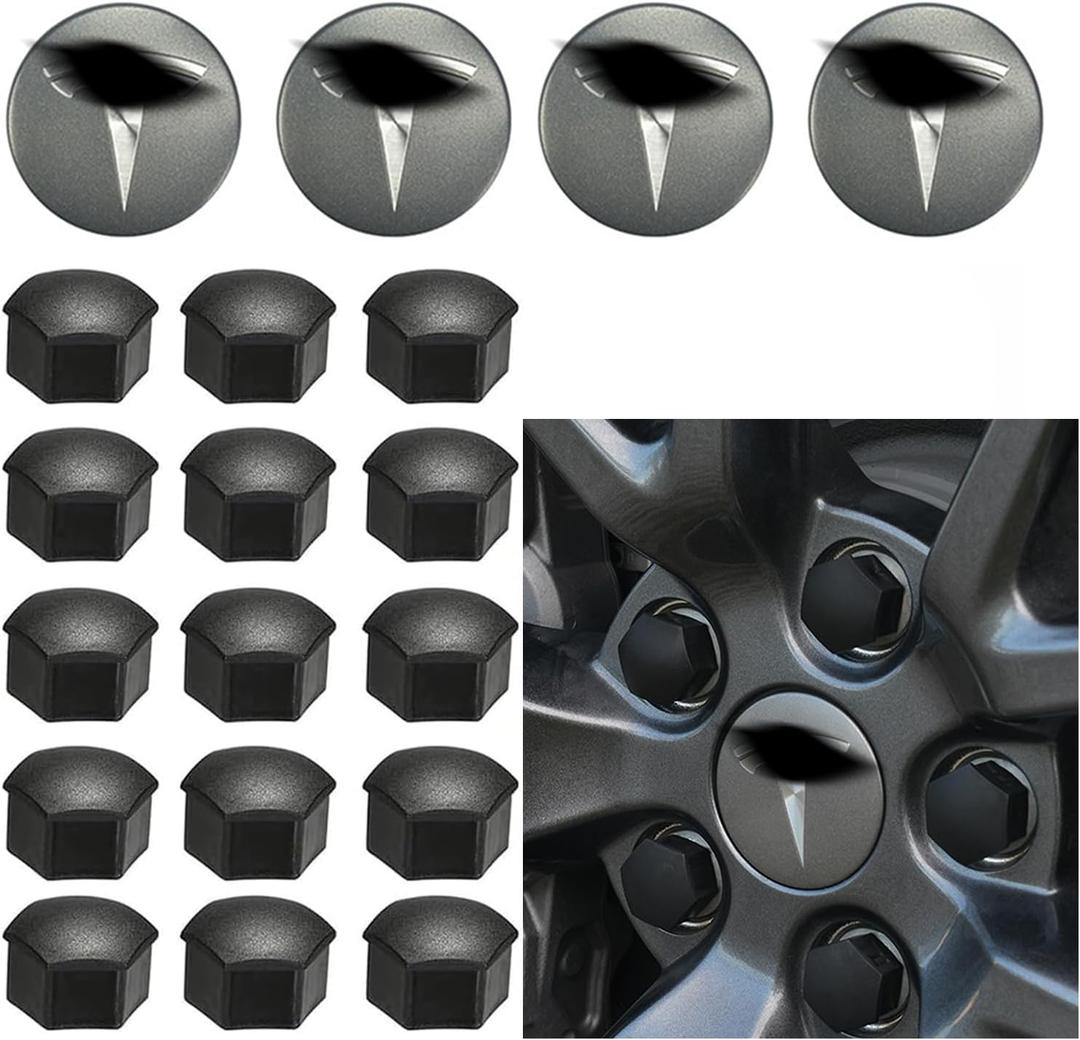 Car Wheel Center Hub Cap Kit with Logo, Hubcaps Accessories for TES la Model 3 Model Y 4 Grey &Sliver Hub Center Caps + 22 Black Lug Nut Covers (Grey&Sliver)