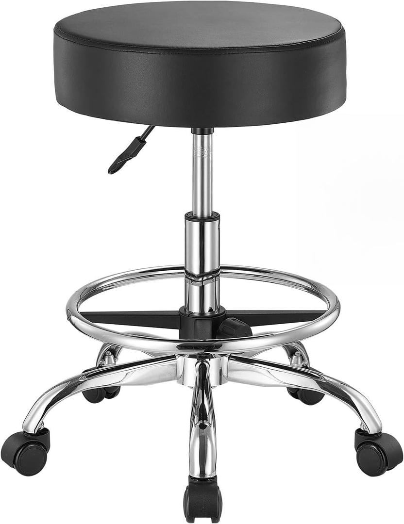 VEVOR Rolling Stool with Foot Rest and Wheels, 450 LBS Weight Capacity Round Rolling Stool Chair, Height Adjustable Thickened PU Leather Swivel Stool for Salon, Spa, Massage, Tattoo, Clinic, Black