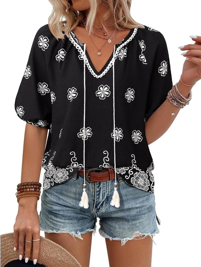 Vivilli Womens Summer Boho Tops Casual V Neck Short Sleeve Blouses Floral Printed Shirt Tie Front Flowy Vacation Clothes (Black) XL