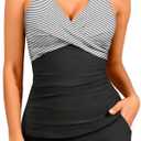 Women Tankini Swimsuits with Shorts - Two Piece Tummy Control Bathing Suits Top with Two Pockets Bottom Swimwear, L