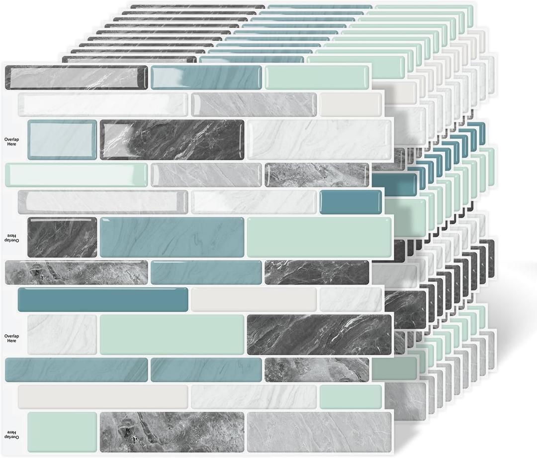 10-Sheet Peel and Stick Kitchen Backsplash Tiles, 3D Waterproof Self Adhesive Wall Tile Stick on Backsplash for Kitchen and Bathroom(Blue Green,12"12")