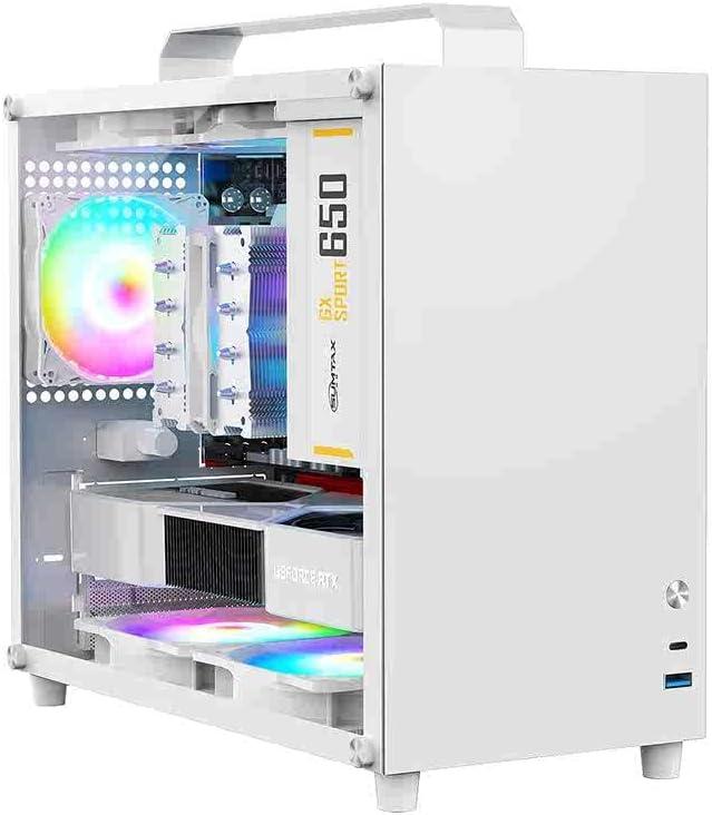 V500 Mini Portable M-ATX/ITX Computer Case, MINI-Tower CASE, Full Side Transparent DIY Desktop Case with Handle, Support 320MM GPU Size (White-2.0)