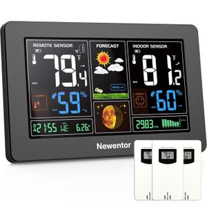 Newentor Weather Station Wireless Indoor Outdoor Thermometer, Color Display Digital Weather Thermometer with Atomic Clock, Barometric Pressure, Forecast Station with Adjustable Backlight,Black,3Sensor