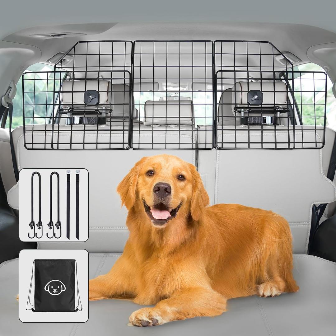 Vetoos Car SUV Dog Barrier, Vehicles Pet Divider for Trunk Cargo Area - Foldable for Easy Storage, Extendable for Universal Fit, Straps & Bungee Cords for Double Stability