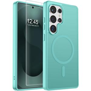 SUPFINE Magnetic for Samsung Galaxy S25 Ultra Case with Screen Protector, (Built-in Magnets) (Military Grade Drop Protection) Slim Translucent Shockproof Phone Case,Blue Green