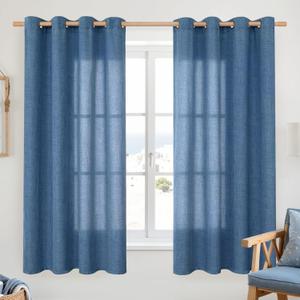 YoungsTex Navy Linen Curtains 63 Inch Length for Living Room, Dark Blue Semi Sheer Drapes Light Filtering with Bronze Grommet Privacy for Bedroom Decorative, 52 x 63 Inch, 2 Panels