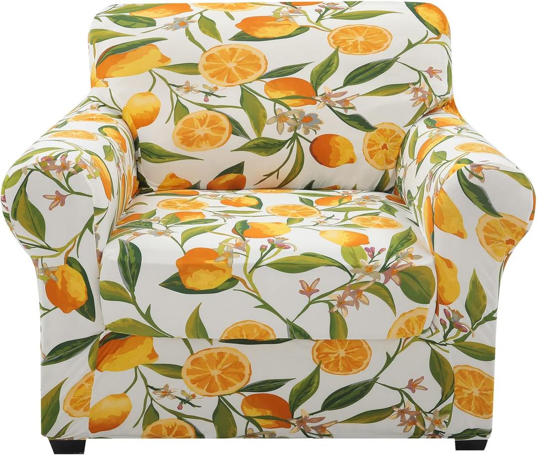 hyha Couch Covers, Chair/Sofa Covers, Floral Pattern, Stretch, Printed, 2 Pieces, Armchair Slipcover, Separate Couch Cushion Slipcover, Furniture Protector for Dogs(Armchair, Lemon) (Small, Orange)