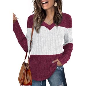Womens Tops Fall Fashion Sweatshirts for Women V Neck Long Sleeve Sweaters Lightweight Dressy Casual Pullover (Medium, Burgundy)