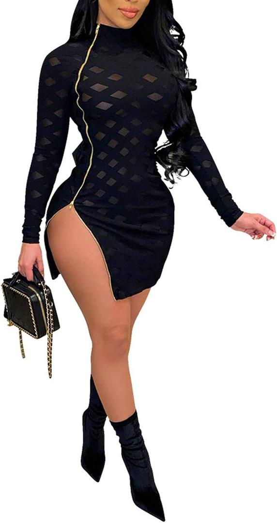 Uni Clau Women Sexy Sheer Mesh Boydcon Midi Dress See Through Printed Long Sleeve Midi Skinny Clubwear Party Dress (Y-Black, X-Large)