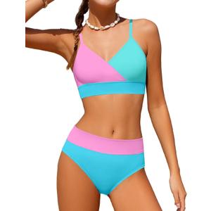 Girls Swimsuit V Neck Bikini Set Color Block with Cover Up 3Pcs Bathing Suits,13-14 Y