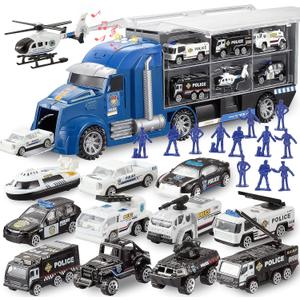 JOYIN 25 in 1 Police Rescue Truck Car Toy Set with Sounds and Lights, Mini Vehicles in Carrier Truck, Play Police Patrol Rescue Vehicle Toy, Birthday Gifts for Over 3 Years Old Boys