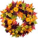 YULETIME 24" Fall Wreath, Artificial Autumn Wreath with Red, Orange, Green Maple Leaves and Orange, Purple, Green-Yellow Pumpkins (Pumpkin & Maple Leaf)