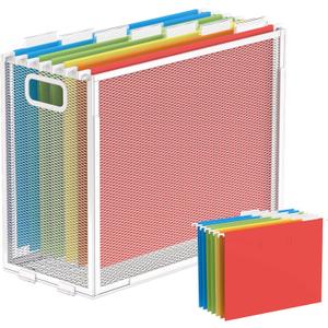 Hueilm Hanging File Organizer - Mesh File Box With Folders, Letter-Size Storage Crate for Filing Cabinet (White, 1 Pack With 7 Hanging Folders)