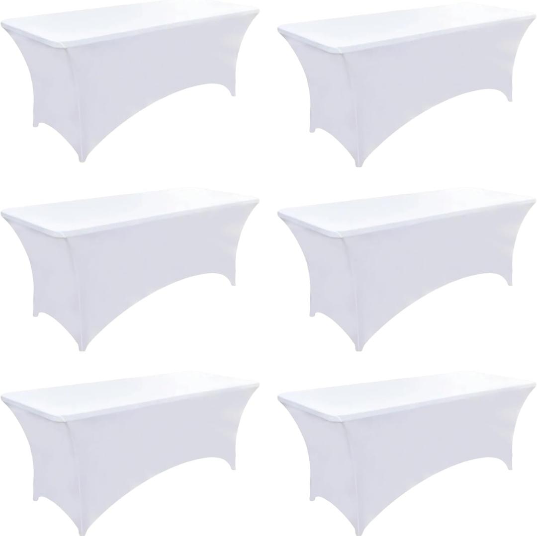 6-Pack 6ft White Spandex Table Covers for Rectangle Standard Folding Tables - Wrinkle Resistant Stretch Tablecloths - Ultimate Fitted Table Protector for Parties, Trade Shows, Wedding