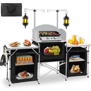 Seeutek Camping Kitchen Table Aluminum Portable Outdoor Cooking Table Foldable Camp Table with Windscreen and 3 Storage Cupboards Multifunctional for BBQ, Party & Outdoor Activities