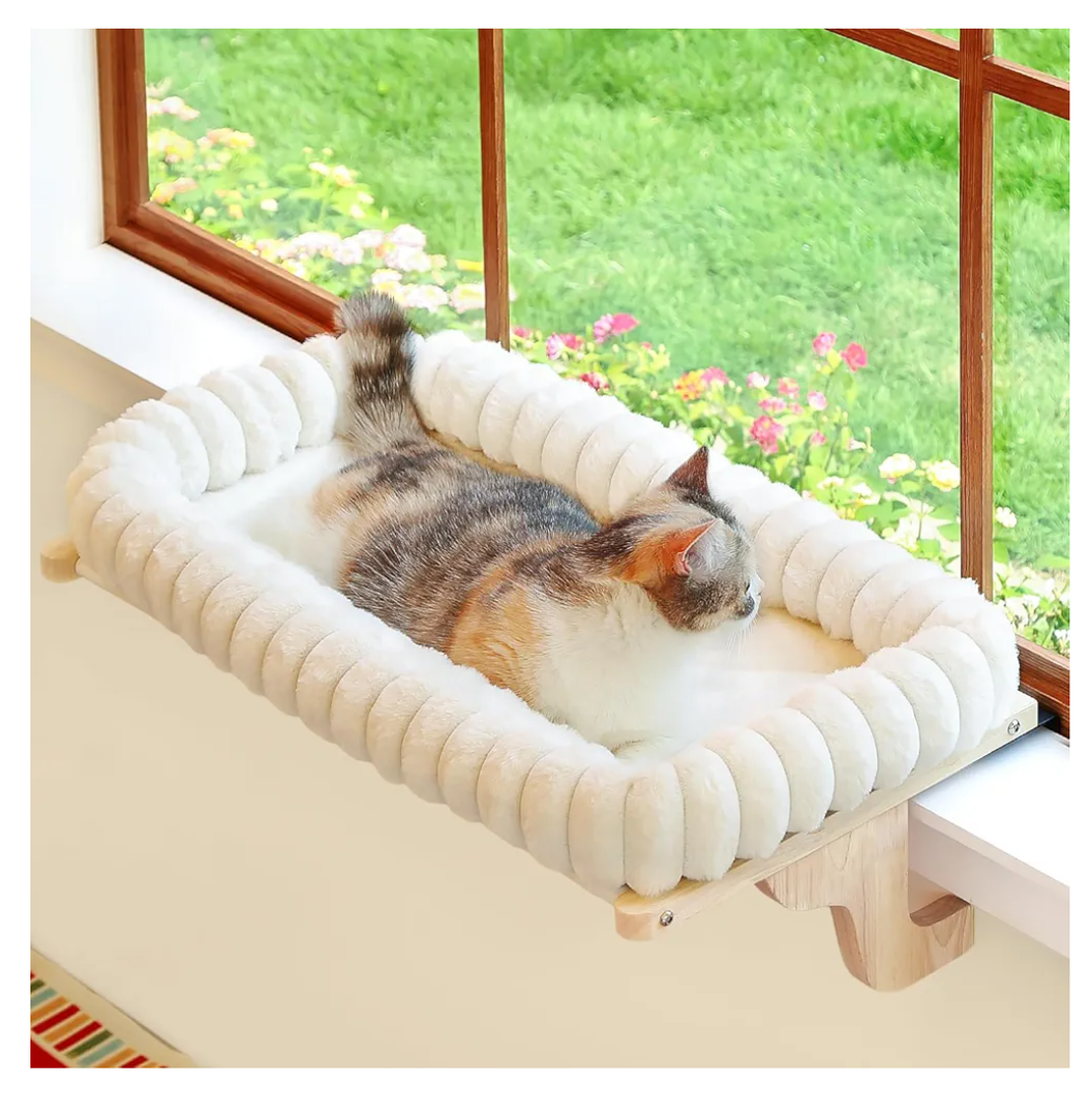 Zakkart SnugCloud Cat Window Perch with 4-Sided Bolster - Orthopedic Cat Hammock for Window Sill - Solid Hardwood & Metal Frame - Window Seat for Pets (Natural Color Wood w/White Bed,)