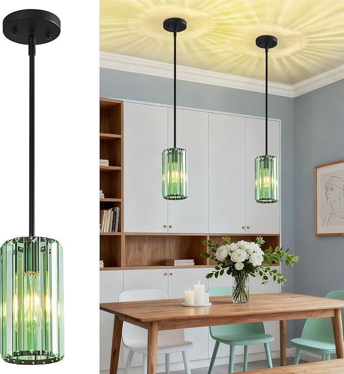 zhllmq Modern Crystal Pendant Light Mini Light Green Chandeliers Adjustable Pendant Lights Fixture for Kitchen Island Dining Room Corridor Bedroom (Light Green, 2-Pack)