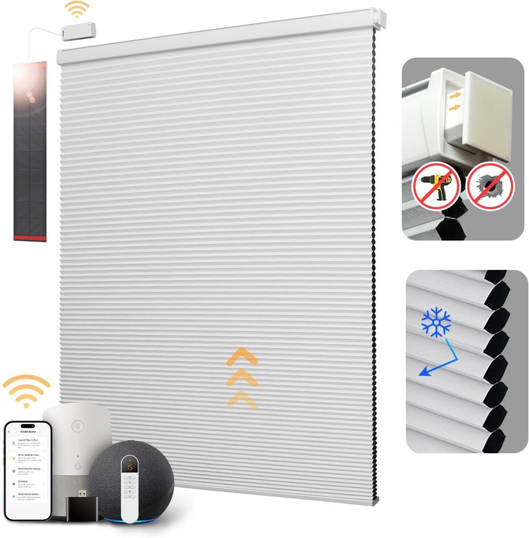CINONEKO Motorized Cellular Shades with Remote,No Drill Smart Blackout Honeycomb Blinds, Cordless Automatic Electric Window Shade with Solar Panel, Alexa & Google, Rechargable, White 32" W x 64" H