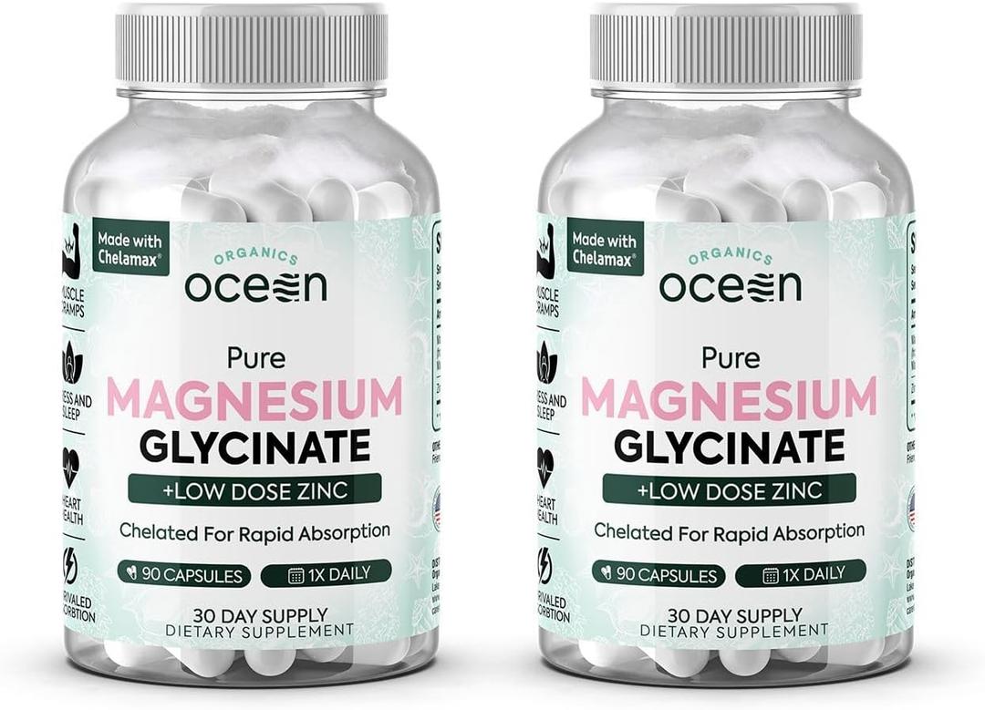 Organics Ocean Pure Magnesium Glycinate with Zinc - Maximum Strength Chelated Magnesium Supplement for Women and Men for Muscle Cramps and Sleep Support - 2 Bottles EXP: 12/2030