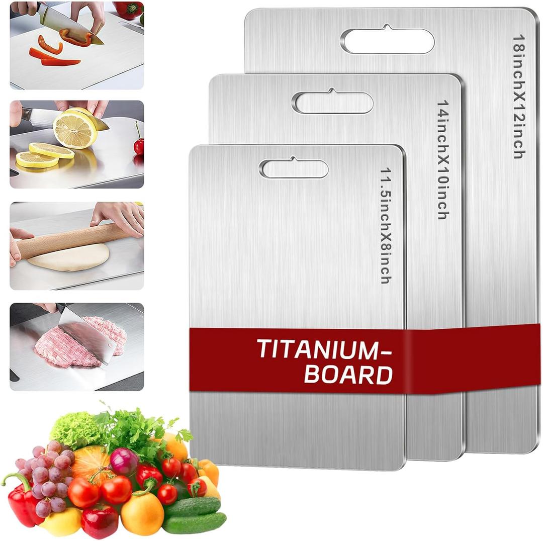 Titanium Cutting Board Set of 3, 3Pcs Stainless Steel Cutting Board, Double Sided Food Grade Non Stick Chopping Cutting Boards for Meat Fruit Vegetable ((18L*12W) +(14L*10W)+(11.5L*8W))