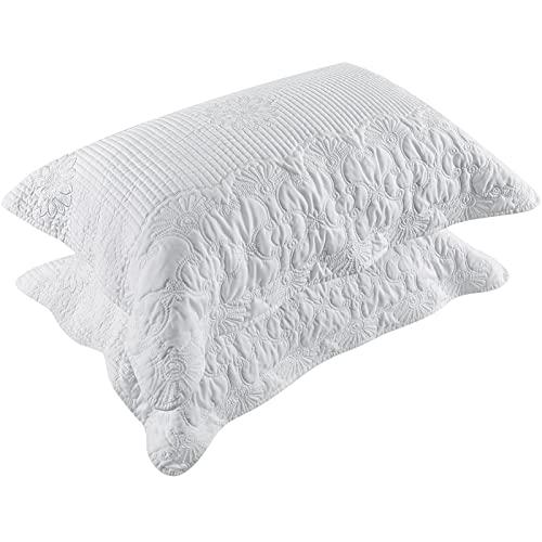 BOSOWOS Pillow Shams Standard Size Set of 2, Ultra Soft Breathable Quilted Embroidery Pillow Cases 20 x 26 Inches for Sleeping, Decorative Microfiber Bed Pillowcases Easy Care, White