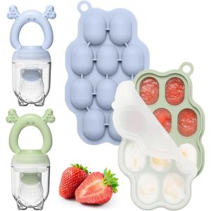 KingKam Baby Breastmilk Popsicle Molds & Baby Fruit Feeder (2 Pack), Baby Food Freezer Tray Storage Containers, Silicone Pacifier Feeder and Teether (Blue / Green)