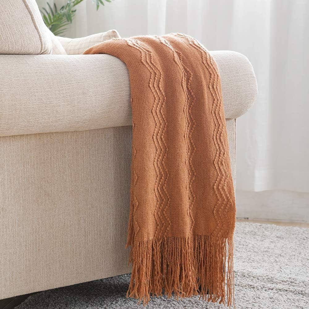 BOURINA Almond Throw Blanket 50 x90 Inches Throw Textured Solid Soft Sofa Throw Bed Runner Couch Cover Knitted Decorative Blanket Bed Runner