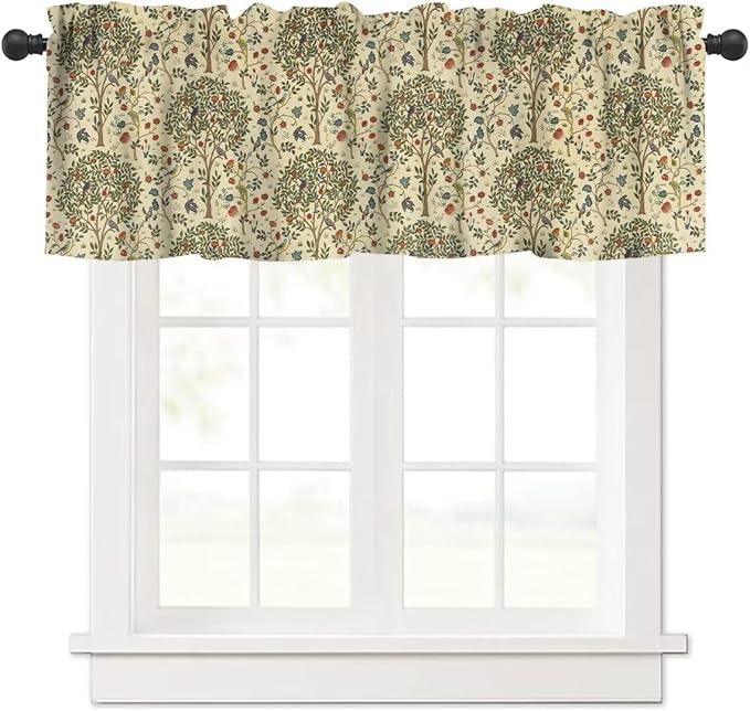William Morris Vintage Flower Valance Curtain, Beautiful Vintage Boho Floral Tree Plant Birds Pattern Window Treatment Valances for Kitchen Living Room Café Décor 54'x18', 1 Panel