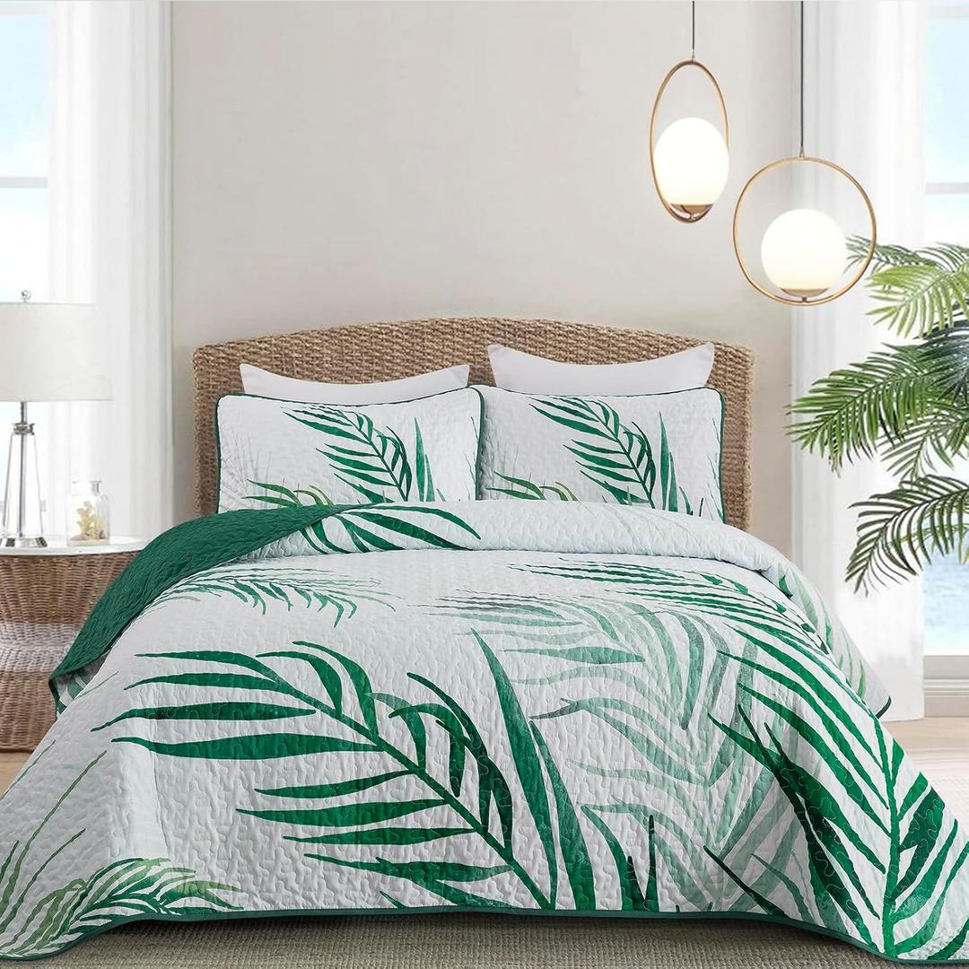 Goodidea Botanical Quilt Set Queen,3 Pieces Green Palms Tree Bedspread Reversible Lightweight Soft Microfiber Bedding Set with 2 Pillowcases for All Season(Queen,96"x90")