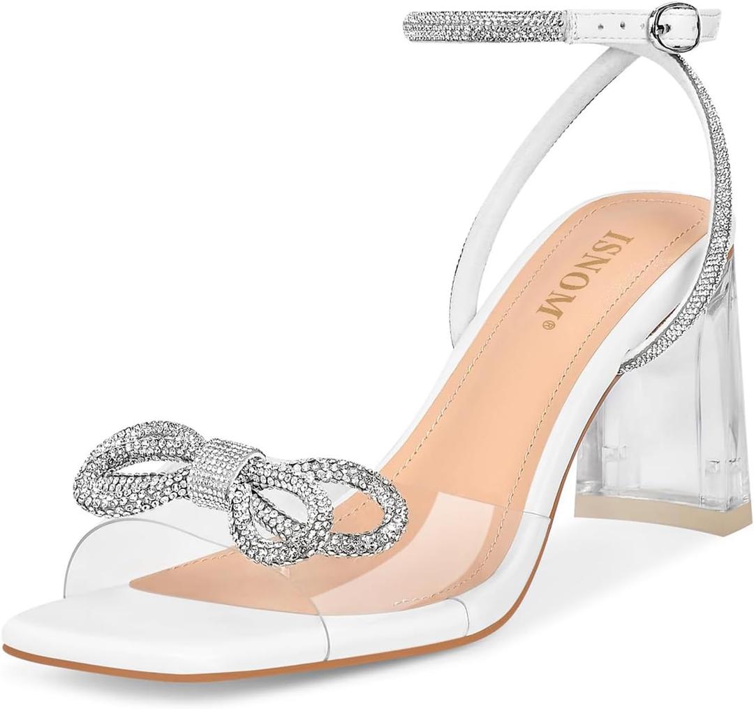 ISNOM Clear Rhinestone Heels for Women, Comfortable and Sassy, Suitable for All Occasions (8, Bow White)