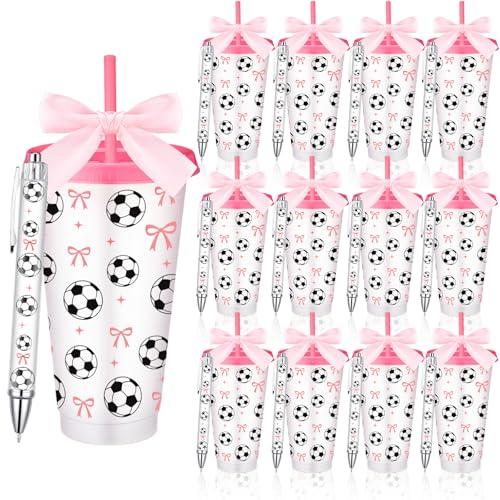 Ferrochef 24 Pcs Sport Party Favor Include 24 oz Reusable Plastic Cups with Lid Straw Pink Bow Ballpoint Pen Tumbler for Team Birthday Party Decor Senior Night Gift Gender Reveal