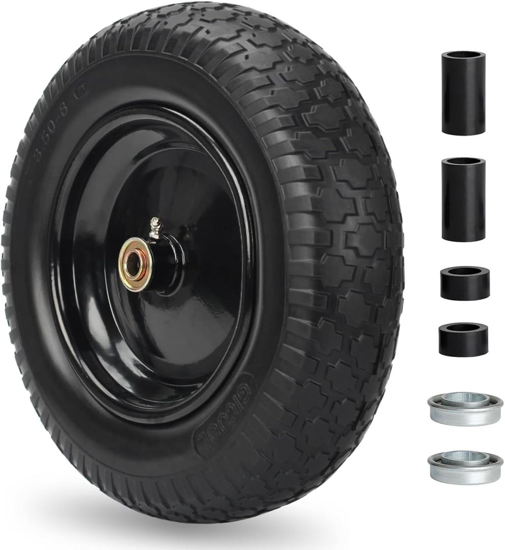 14.5" Wheelbarrow Tire, 3.50-8" Flat-free Solid Tire and Wheel with 5/8" Axle Bore Hole, 3-6" Centered Hub for Wheelbarrow Trolley Dolly Lawn Mover Go Kart Replacement