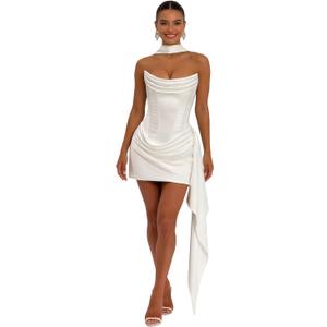 Women Satin Corset Prom Dresses Strapless Formal Evening Gown Cocktail Party Mini Dress with Scarf (White, L)