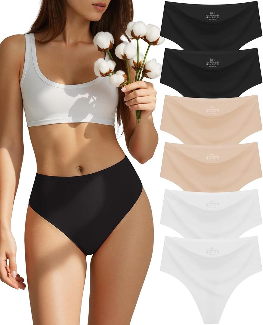 sosusu Seamless Underwear for Women Cotton Thongs High Waisted Soft Breathable No Show Panties Invisible Stretch 6 Pack (US, Alpha, Large, Regular, Regular, D1-2 Black, 2 Skin and 2 White)