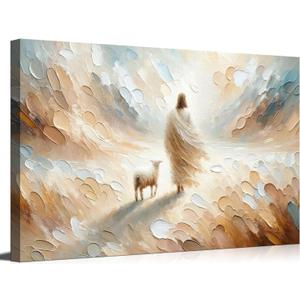 Jesus leaves the 99 sheep Canvas Wall Art Christian Jesus God Savior Wall Decor Picture Lamb Lost Sheep Poster Print Painting for Living Room Bedroom Church Decoration Ready to Hang, Size: 24"L x 16"W-Canvas