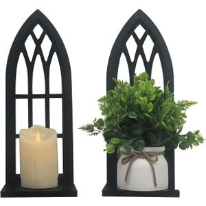 Wall Candle Sconces for Pillar - Black Candle Holder for Wall Set of 2 - Gothic Wood Carved Shelf for Plant - Rustic Window Shape Decor for Bathroom Hallway Fireplace