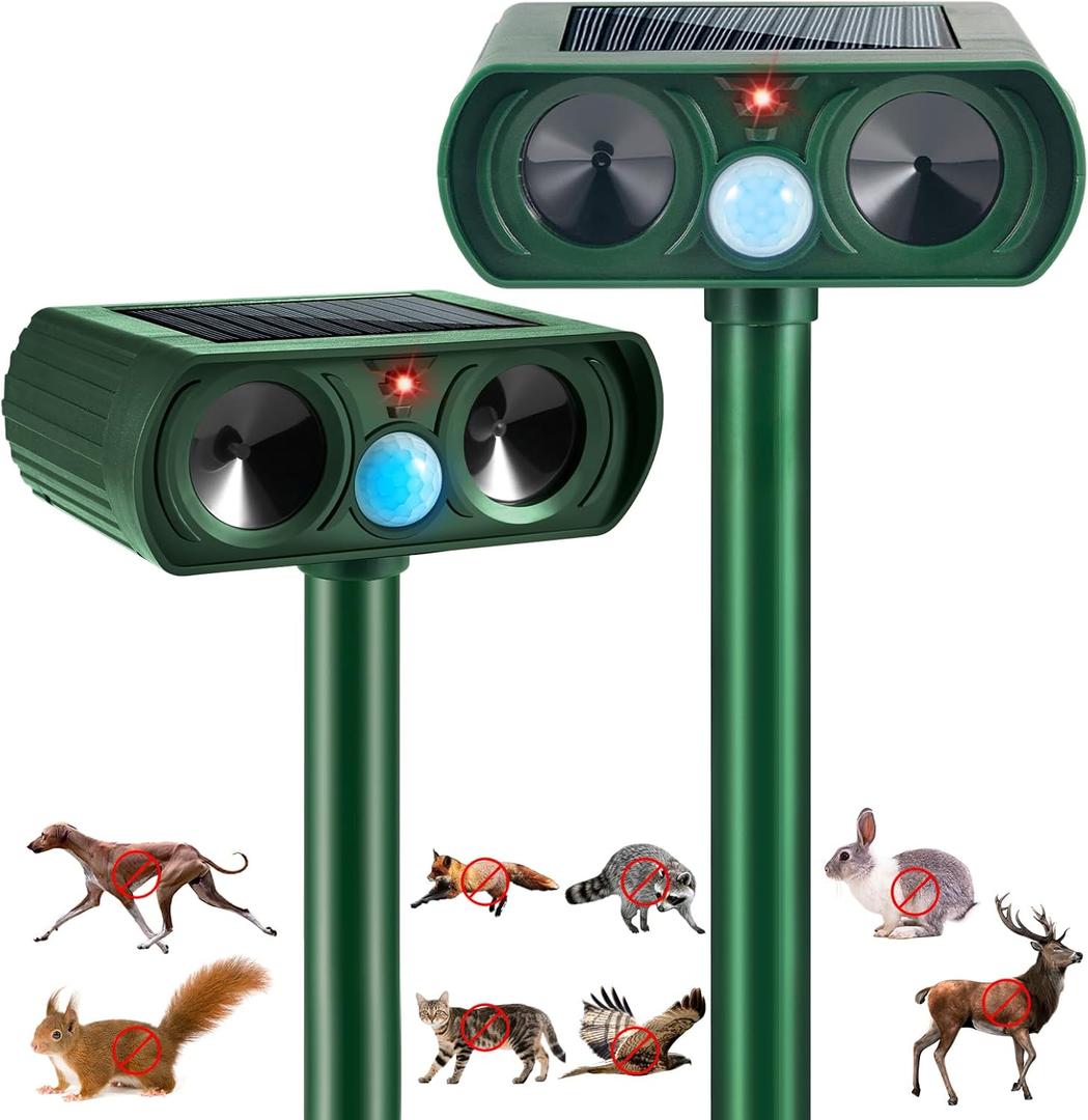 2 Pack 2025 Ultrasonic Animal Repeller Outdoor Deer Repellent Devices Rabbit Deterrent for Yard Cat Repellent Solar Animal Repeller with Motion Sensor to Scare Away Squirrel Dog Racoon Rodent Skunk