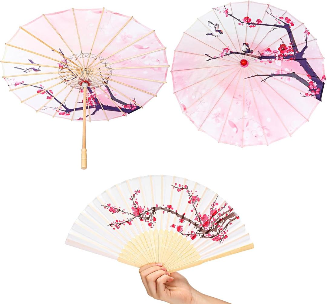 Xuniea 2 Pcs Cherry Blossom Decor Set Including 22 Inches Chinese Japanese Oiled Paper Umbrella and 8.3 Inches Foldable Handheld Silk Folding Hand Fan for Wedding Birthday Party Favor Decoration