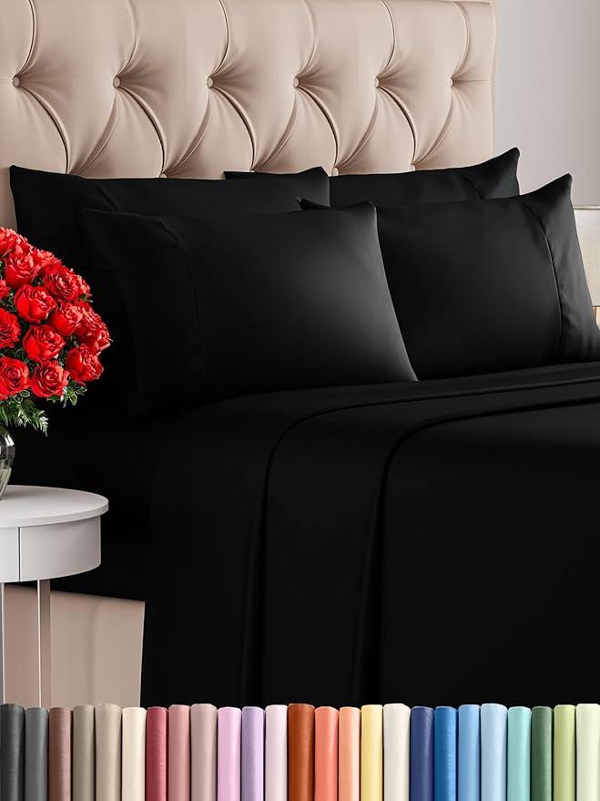 Queen 4 Piece Sheet Set - Cooling Sheets for Hot Sleepers - Hotel Luxury Bedding Set with 8-16 Inch Deep Pockets - 1 Flat & 1 Fitted & 2 Pillowcases - Ultra Soft, Easy Care and Wrinkle Free - Black