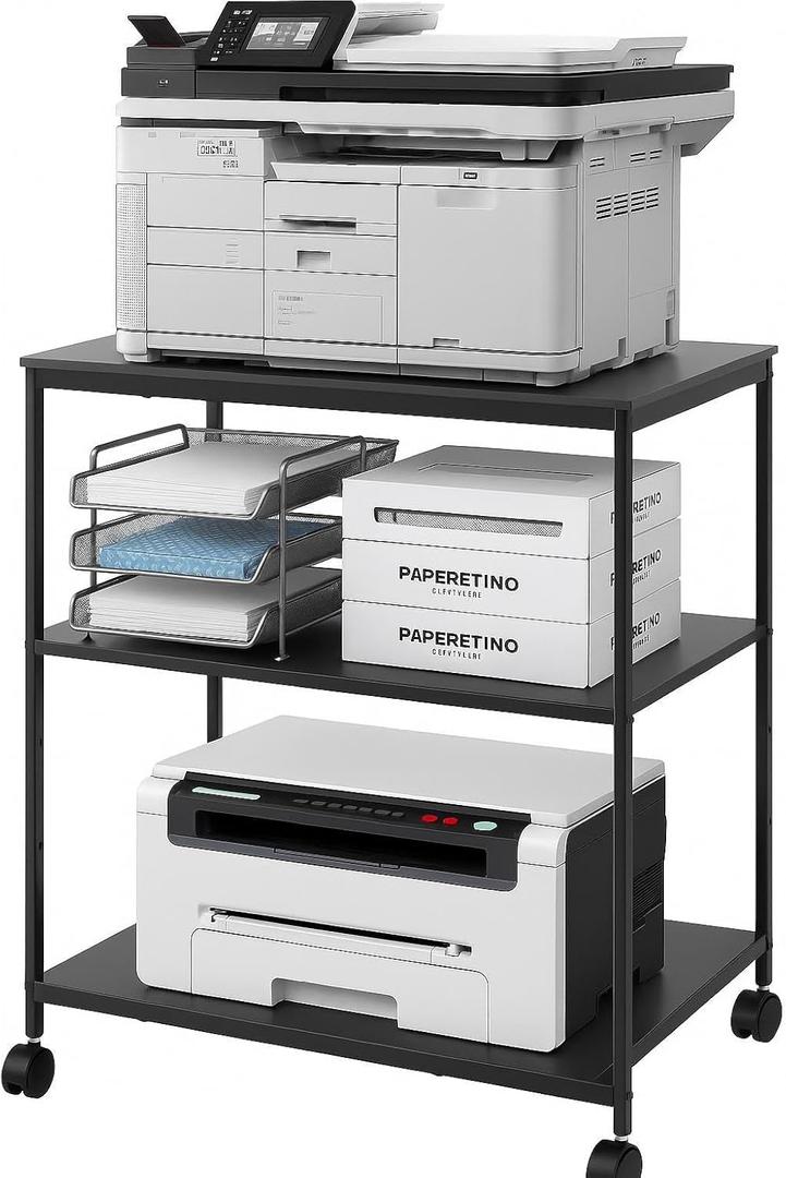 EMERIT 3-Tier Printer Stand for Laser/Inkjet/All-in-One - 23.6x18.9x31.5 Heavy Duty Cart w/Adjustable Shelves & Lockable Wheels, Storage for Scanner/Fax/Supplies - Industrial Home & Office (Black)