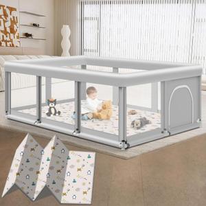 Large Baby Playpen with Mat, 74" 50", Large Play Yards Indoor & Outdoor, Sturdy Safety Baby Play Pen with Soft Breathable Mesh, Toddlers Play Pen with Anti-Slip Base, Mat Included (745027 Inch, Grey + Animals Mat)