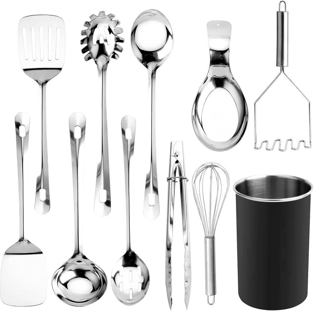 COOK WITH COLOR Kitchen Utensil Set - premium Nonstick & Heat Resistant Kitchen Gadgets, Turner, Spaghetti Server, Serving Spoons, Whisk, Tongs, Masher & Utensil Holder, 10-piece Black