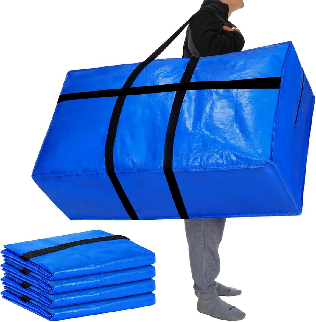 Windyun 4 Pack 98 Gallon Extra Large Moving Bags XXL Heavy Duty Storage Bag with Strong Zipper Handle Jumbo Big Tote Box Foldable for College Dorm Travel Clothes Duffle Blanket Pillow(Blue)