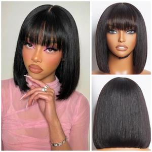 Bob Wig with Bangs Human Hair HD Lace Hairline Short Black Bob Wigs Wear and Go Glueless Wigs for Black Women 200% Density 12Inch