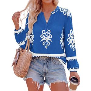 BTFBM Womens Tops Spring Casual Long Sleeve Shirts Button Up V Neck Bohemian Blouses Loose Tunics Vacation Outfits(Lake Blue White Floral,XX-Large)