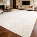 Beige 8x10 Solid Color Area Rugs Washable Living Room Rug, Modern Geometric Non-Slip Indoor Carpet with Soft High-Low Pile, Fluffy Floor Rugs for Bedroom, Kids Room, Nursery, Home Decor