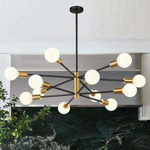 33" Modern Chandelier Ceiling Light Fixture, 12Light Sputnik Chandeliers Brushed Gold and Black Mid Century Chandelier Over Table, Height Adjustable Chandeliers for Dining Room Living Room Kitchen