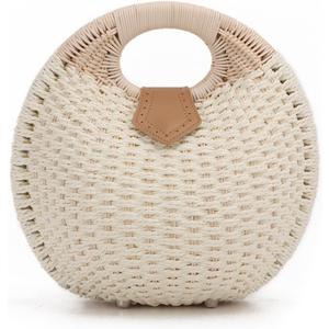 Ynport Straw Purses for Women Summer Beach Rattan Tote Bag Round Handle Ring Handbag Retro Handmade Woven Shell Bag (White)