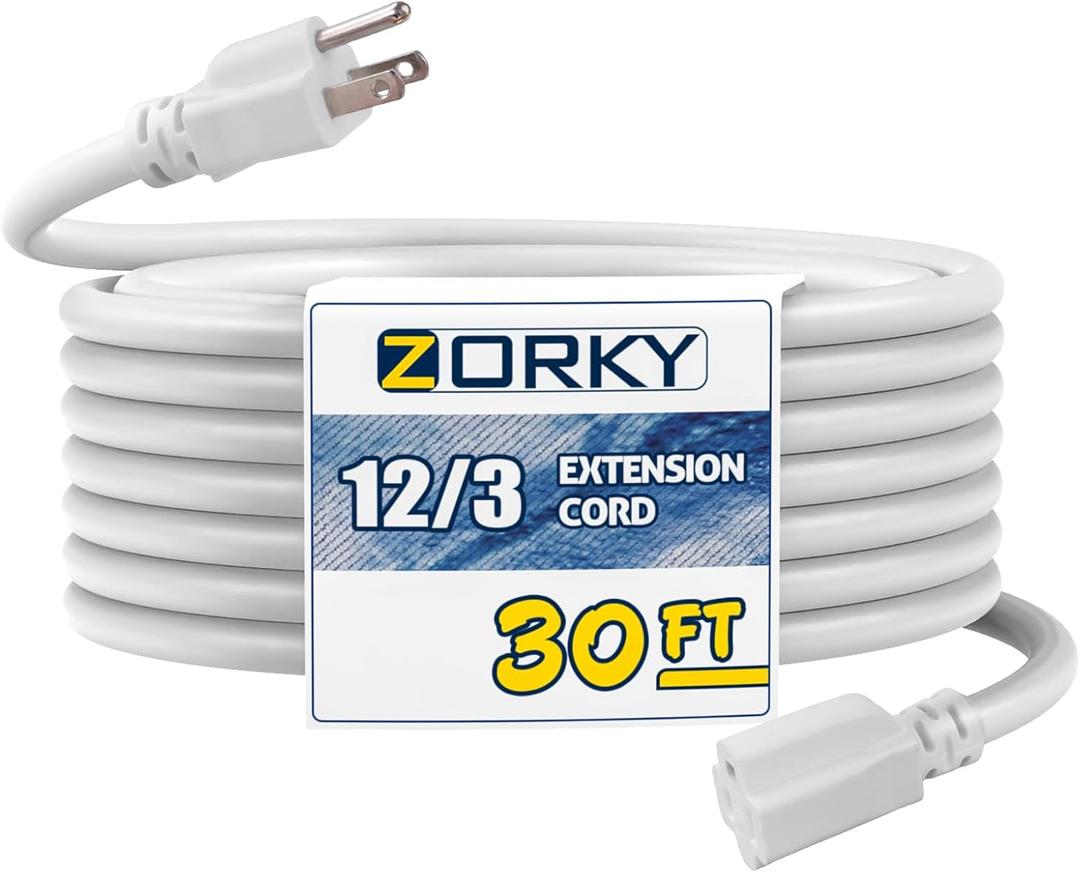 30ft Indoor Outdoor Extension Cord - 12/3 SJTW Heavy Duty Extension Cable with 3 Prong Grounded Plug for Safety -15Amp 1875W White Electric Cord Great for Garden, Appliances