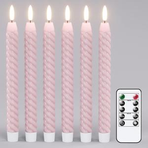 Pink Flameless Taper Candles Pastel Flickering with Remote Timer, 3D Wick LED Spiral Wedding Candles Battery Operated 6 Pack Real Wax Home Birthday Spring Decor(0.78 X 9.8 Inchs) (Pink-6)